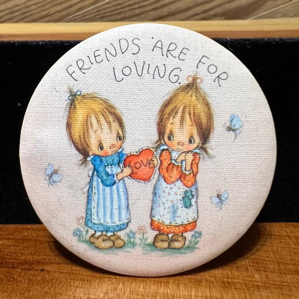 VTG Hallmark Back Button Round Pin Brooch Friends Are For Loving USA Made 1981
